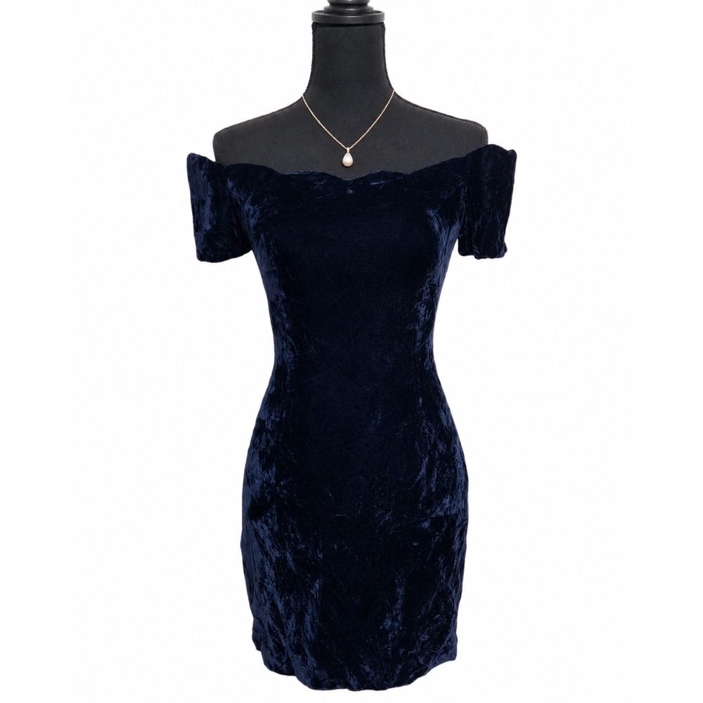 Roberta Vintage Navy Blue Crushed Velvet Off Shoulder Mini Dress Scalloped Neck